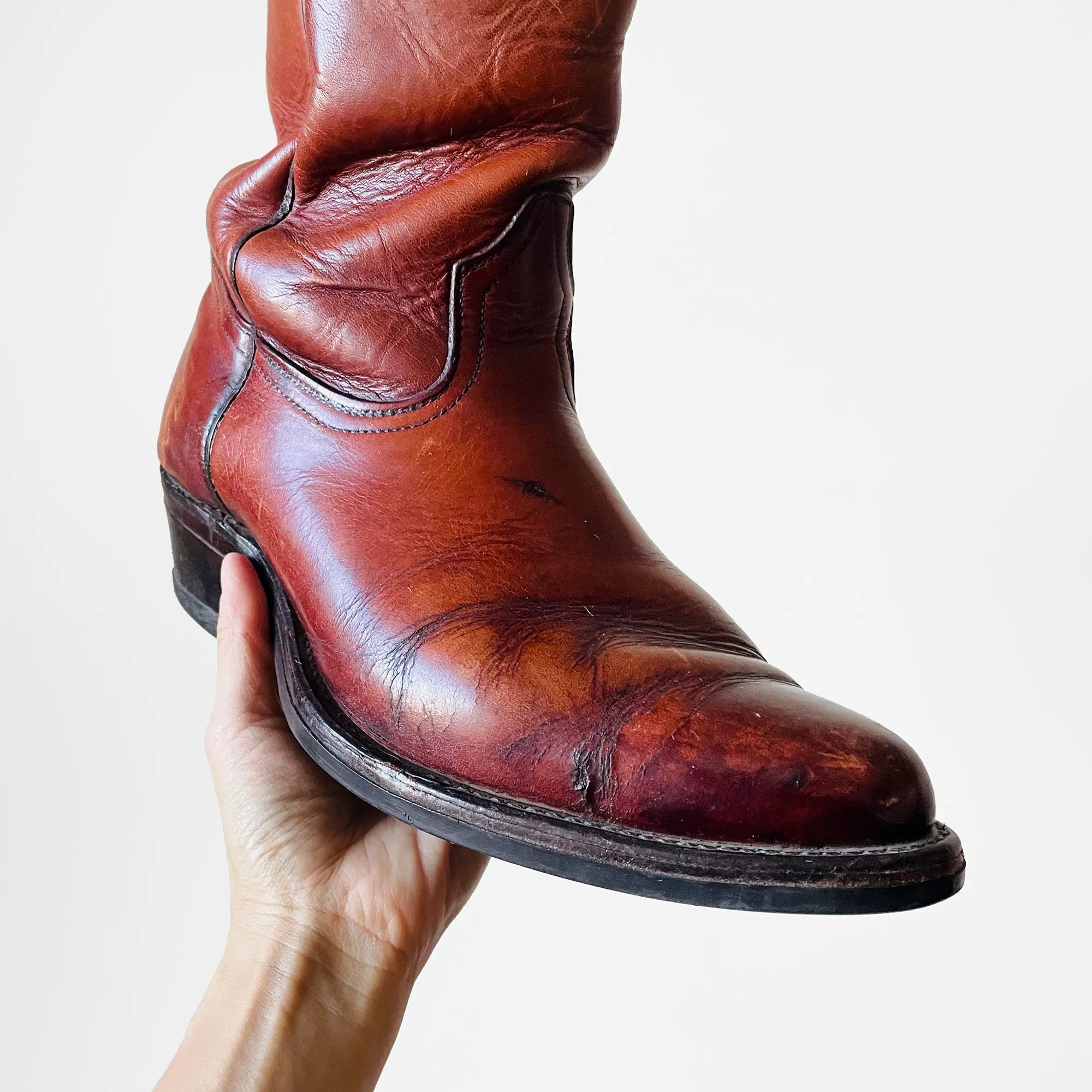 1970s Heavy-Duty Distressed Well Worn Cognac Leather Boots