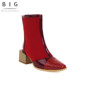 Bigsizeheels Stylish Side Zipper Pointed Toe Chunky Heel Ankle Boots - Red