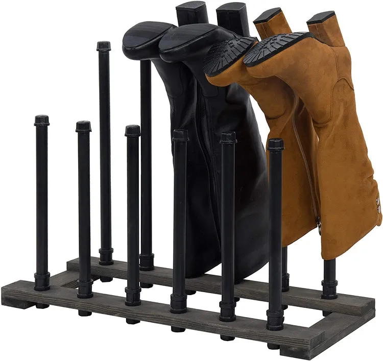 Black Metal Pipe & Grey Wood Freestanding Boot Holder