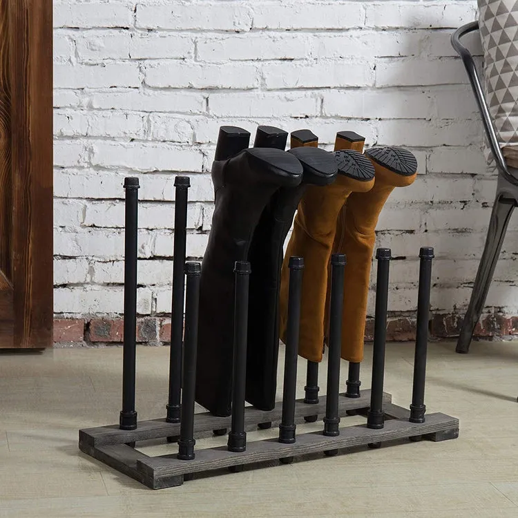 Black Metal Pipe & Grey Wood Freestanding Boot Holder