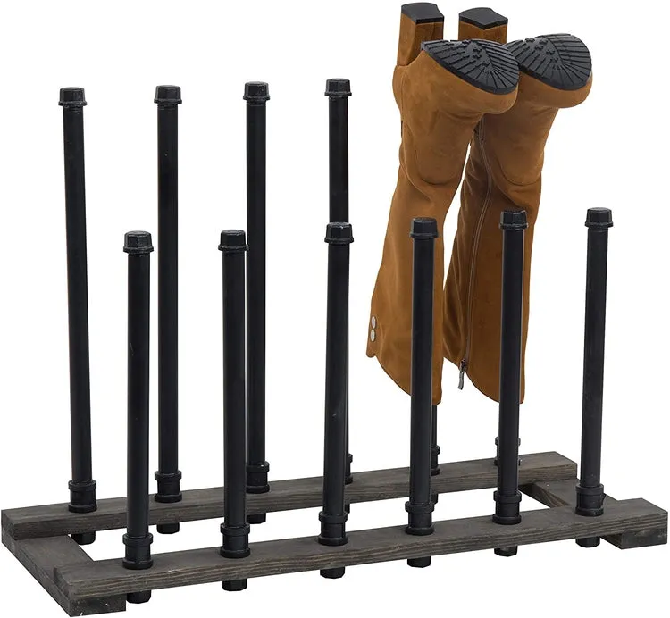 Black Metal Pipe & Grey Wood Freestanding Boot Holder