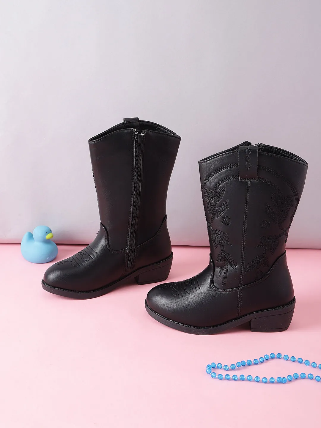 Black PU Long Boots For Kids-Girls (TC-RS3708-BLK)