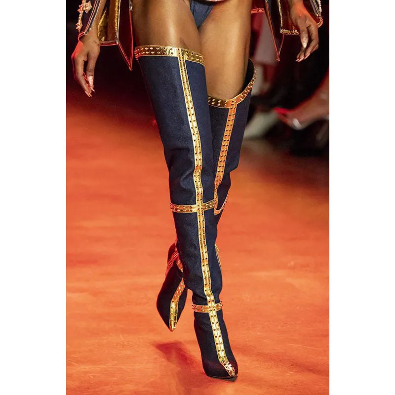 Blue Denim Pointed Toe Thigh High Boots