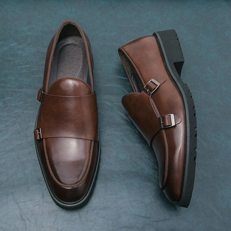 Brown Monk Strap Rounded Toe Loafers - Men Shoes