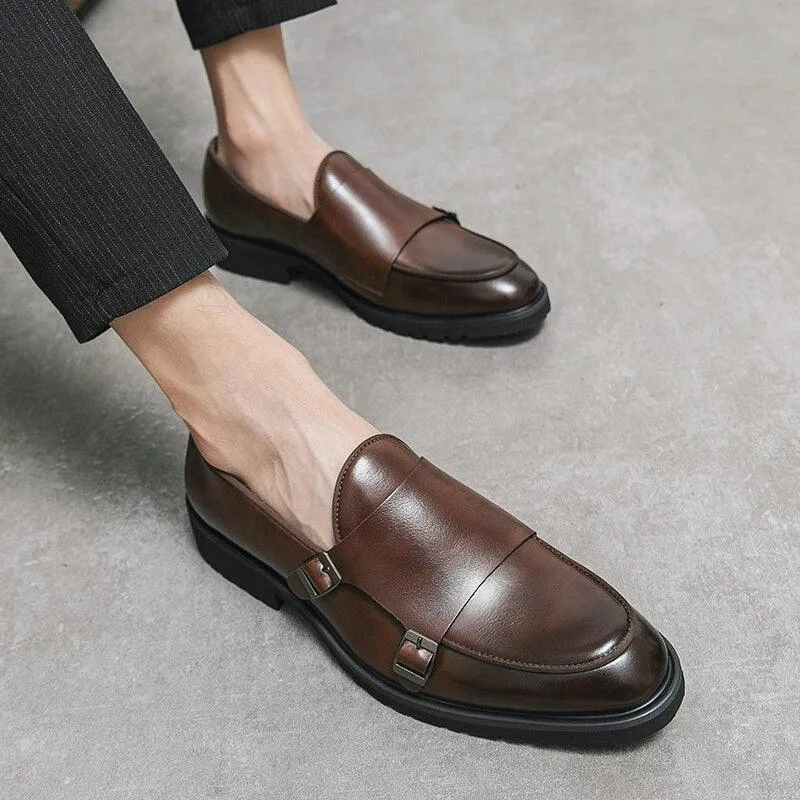 Brown Monk Strap Rounded Toe Loafers - Men Shoes