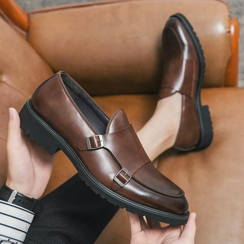 Brown Monk Strap Rounded Toe Loafers - Men Shoes