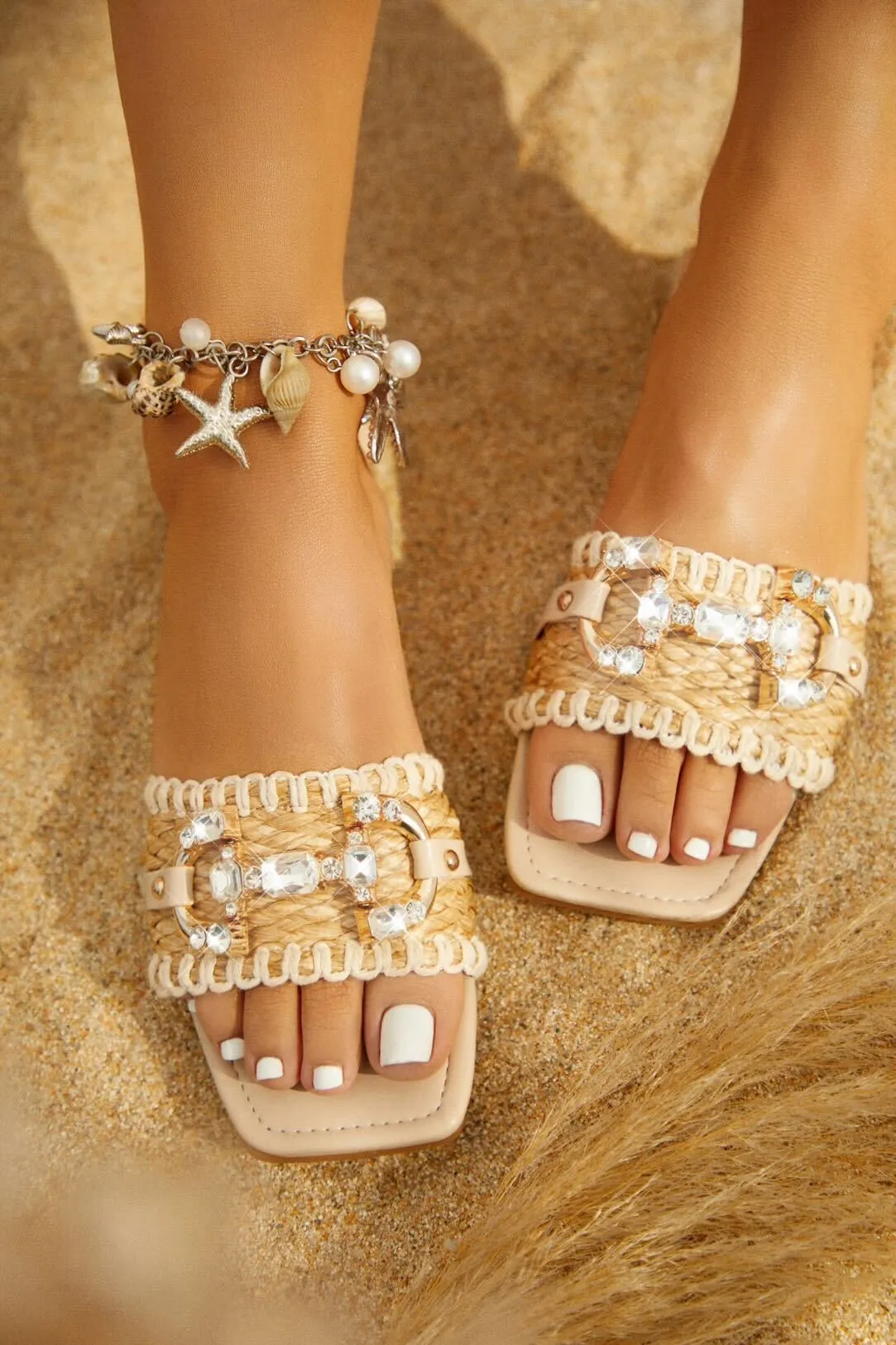 Cabo Vacay Embellished Slip On Sandals - Nude