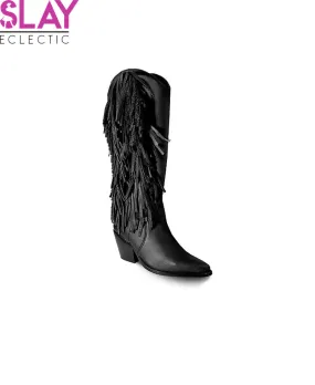 Chic Black Knee-High Leather Boots with Stylish Side Fringe