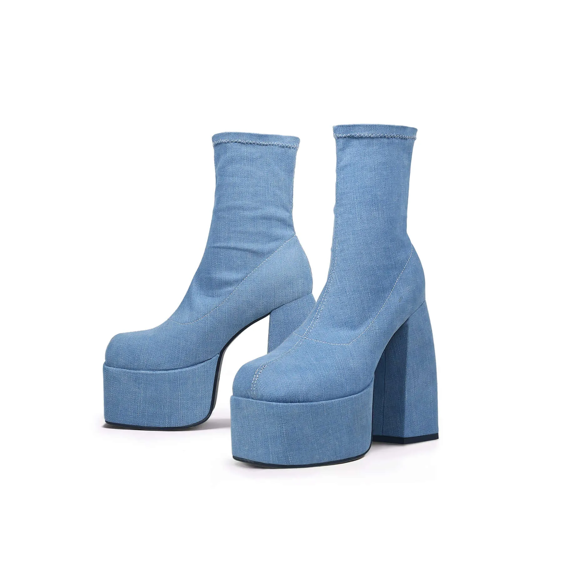 Chunky Platform Blue Denim Ankle Boots