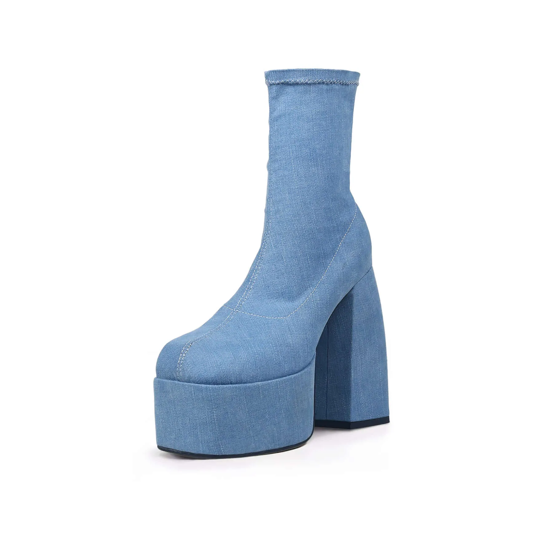 Chunky Platform Blue Denim Ankle Boots