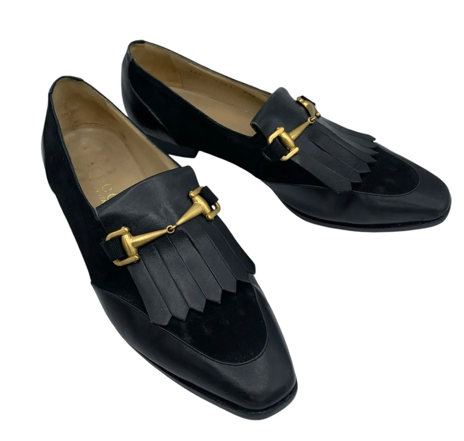 Gucci Black Leather & Suede Marmont Fringe Loafers