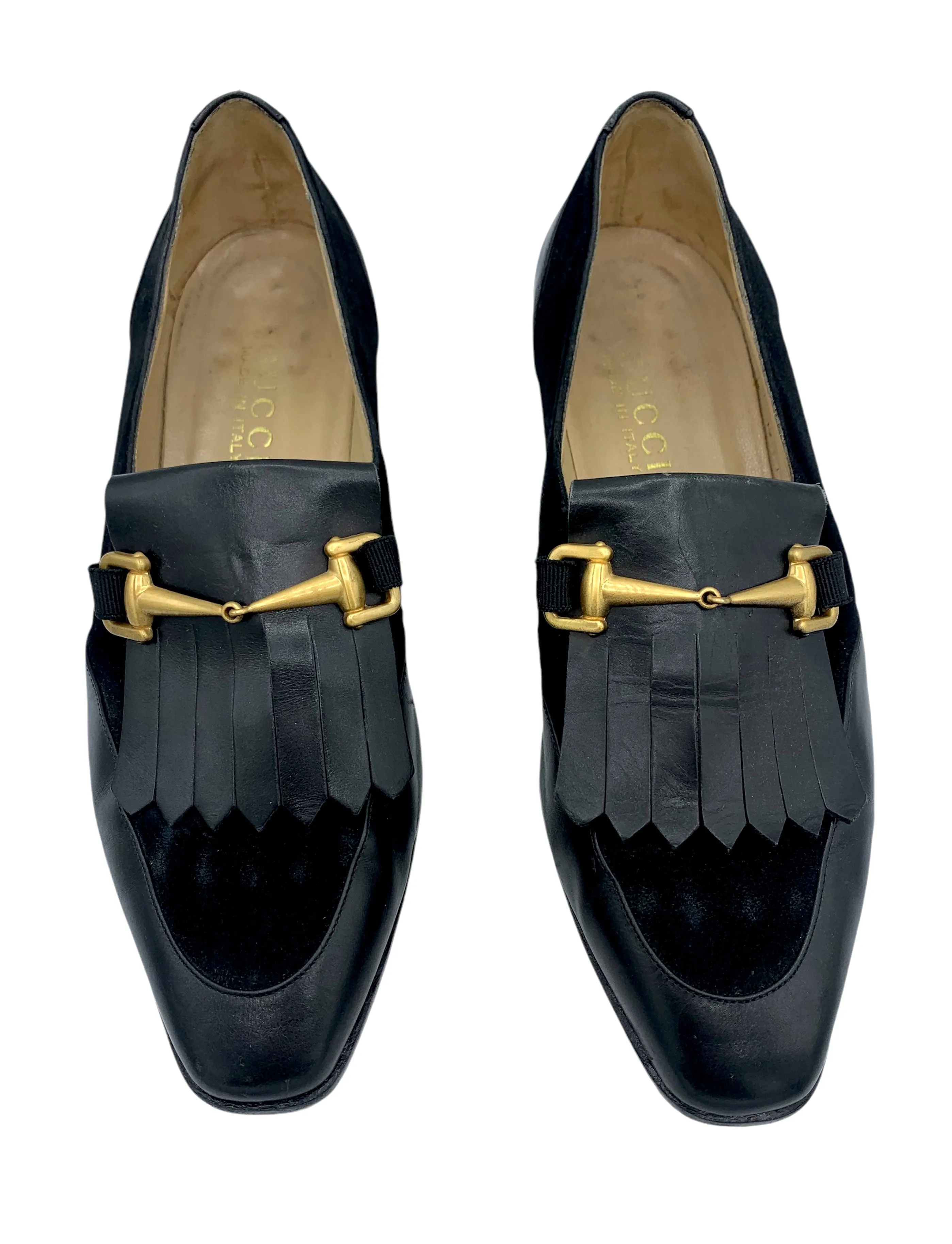 Gucci Black Leather & Suede Marmont Fringe Loafers