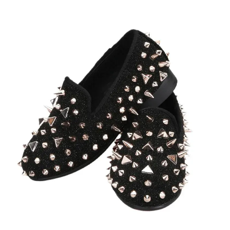 Kids Loafers Black Suede Kid's Loafers with Rose Gold Rivets: Red Bottom