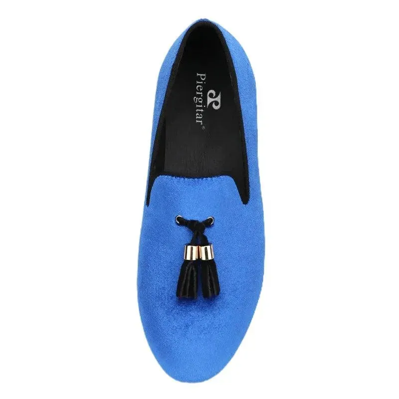 Kids Loafers Klein Blue Velvet Parent-Child Loafers with Gold Buckle Tassel Detail