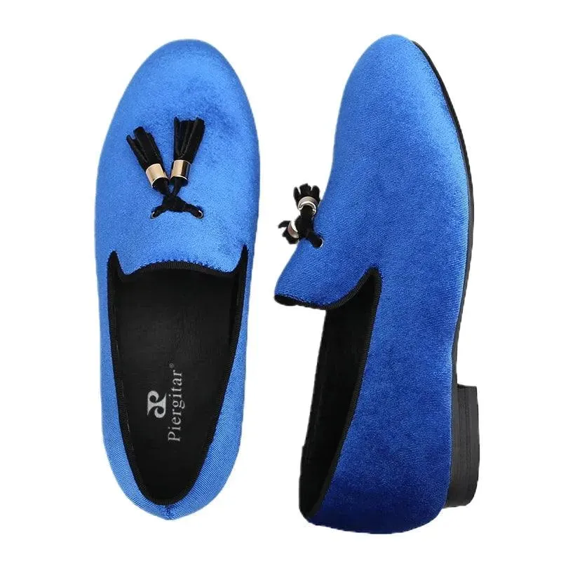 Kids Loafers Klein Blue Velvet Parent-Child Loafers with Gold Buckle Tassel Detail