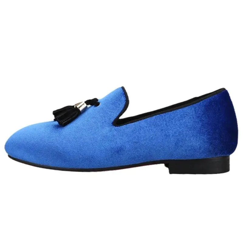 Kids Loafers Klein Blue Velvet Parent-Child Loafers with Gold Buckle Tassel Detail