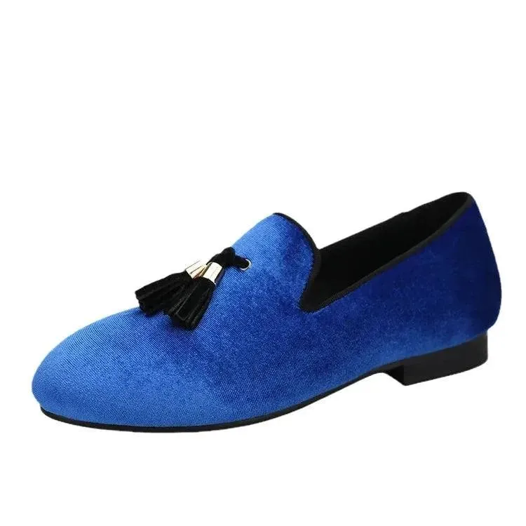 Kids Loafers Klein Blue Velvet Parent-Child Loafers with Gold Buckle Tassel Detail