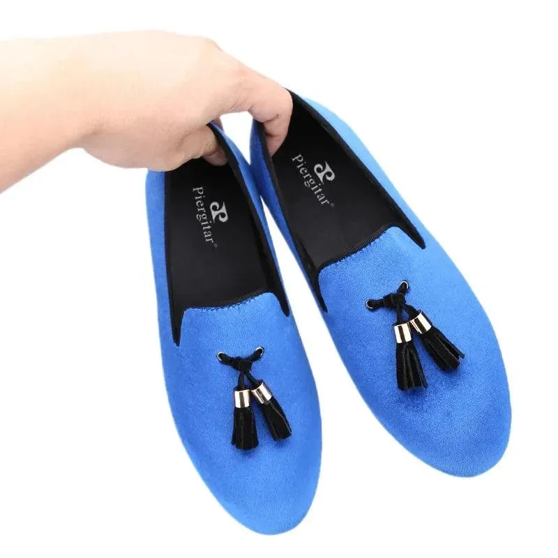 Kids Loafers Klein Blue Velvet Parent-Child Loafers with Gold Buckle Tassel Detail