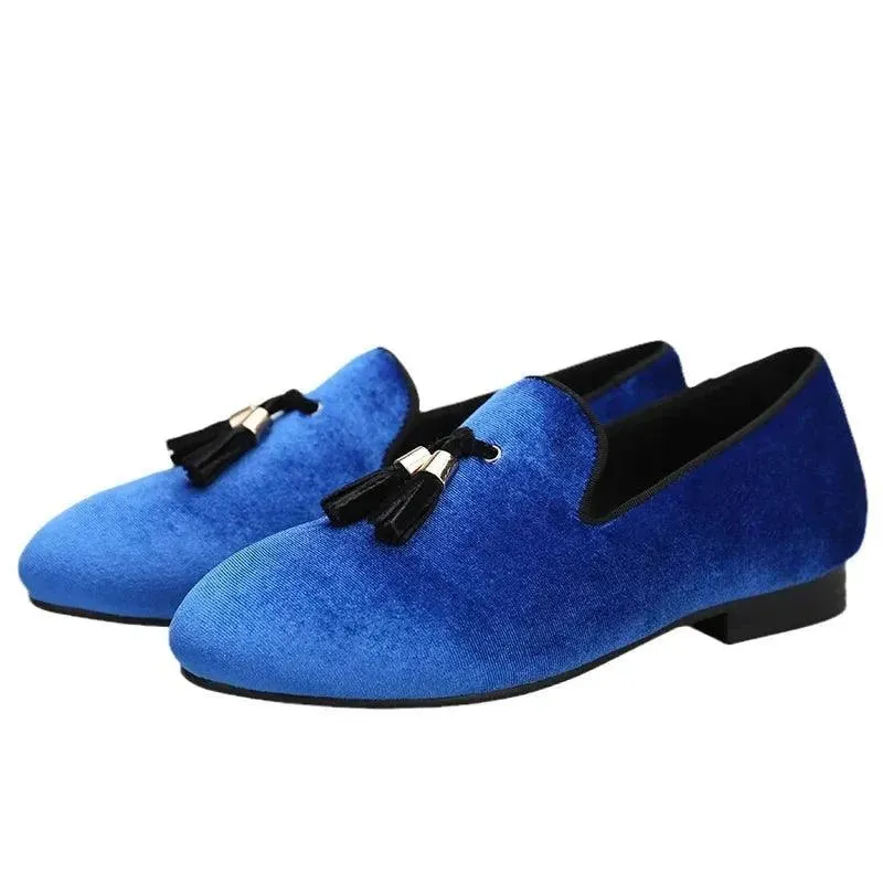 Kids Loafers Klein Blue Velvet Parent-Child Loafers with Gold Buckle Tassel Detail