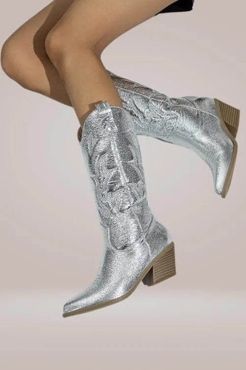 Mid Calf Metallic Silver Cowboy Boots