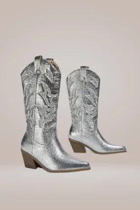 Mid Calf Metallic Silver Cowboy Boots