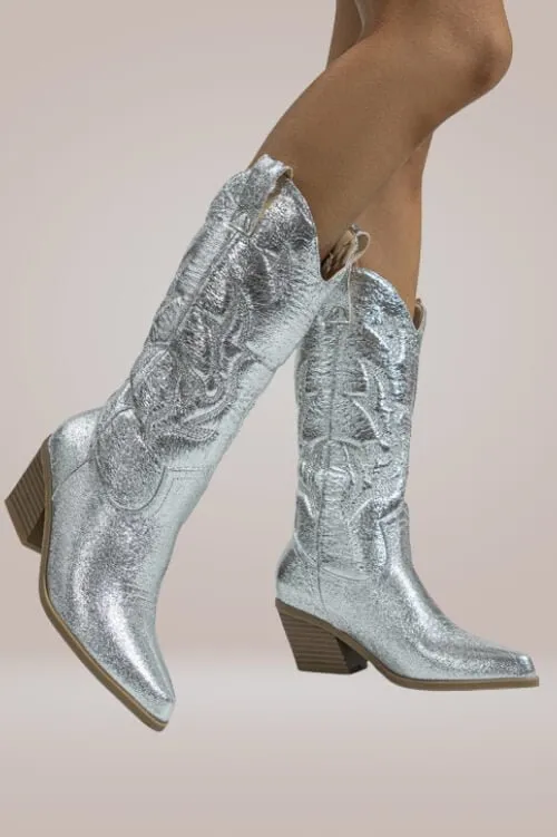 Mid Calf Metallic Silver Cowboy Boots