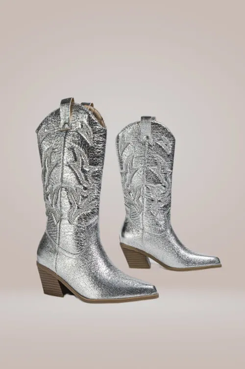 Mid Calf Metallic Silver Cowboy Boots