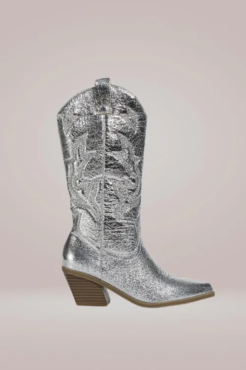 Mid Calf Metallic Silver Cowboy Boots