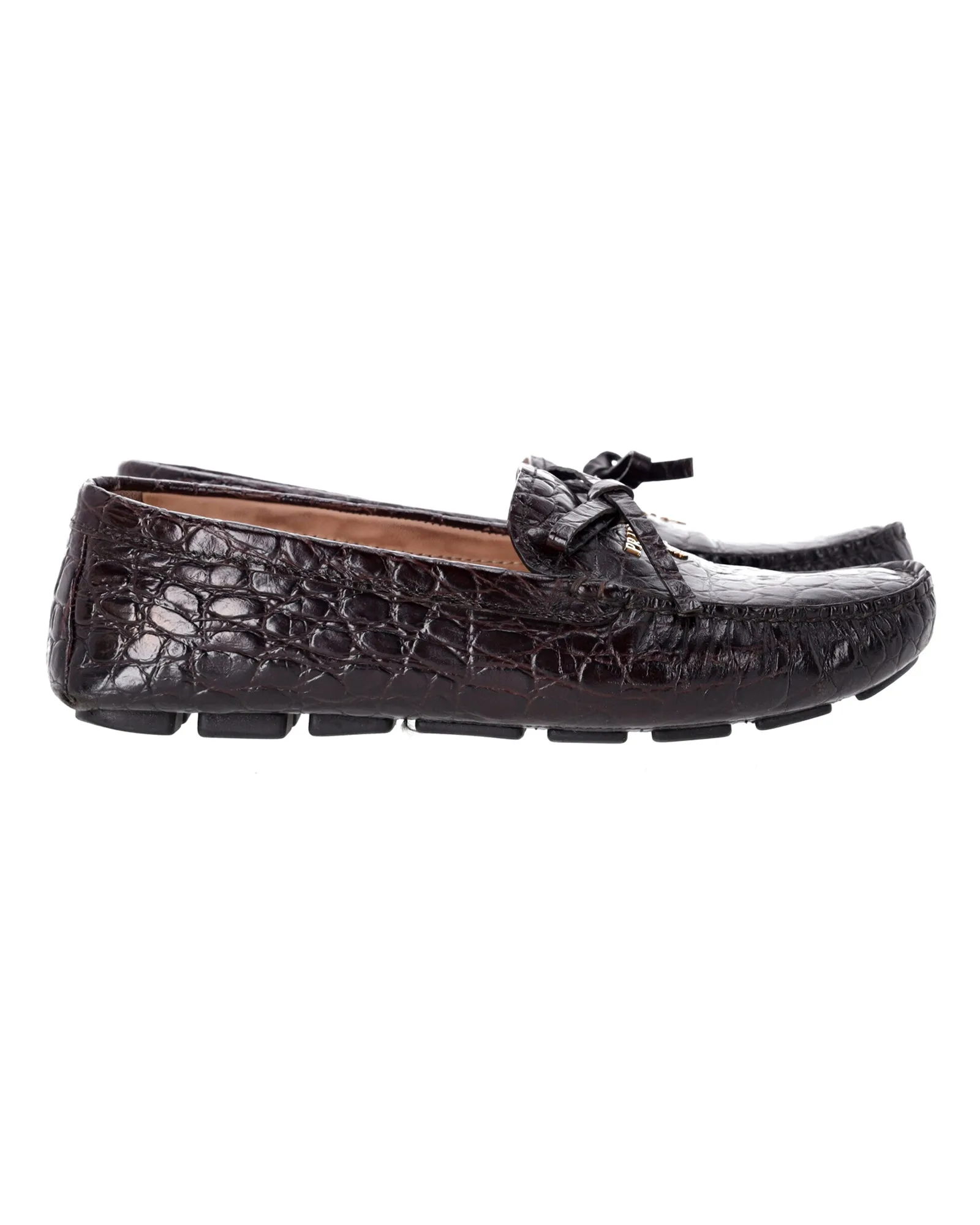 Prada Bow Loafers in Brown Croc-Embossed Leather