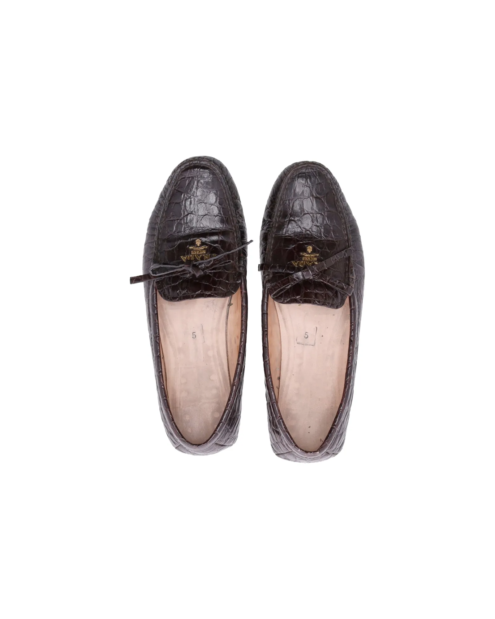 Prada Bow Loafers in Brown Croc-Embossed Leather