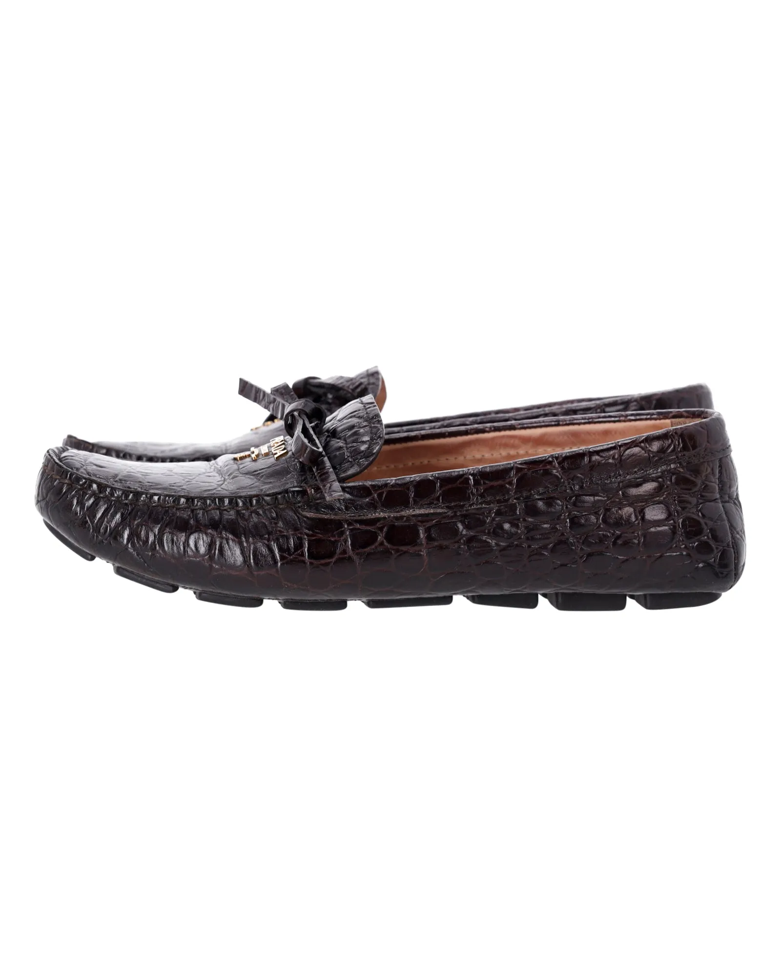 Prada Bow Loafers in Brown Croc-Embossed Leather