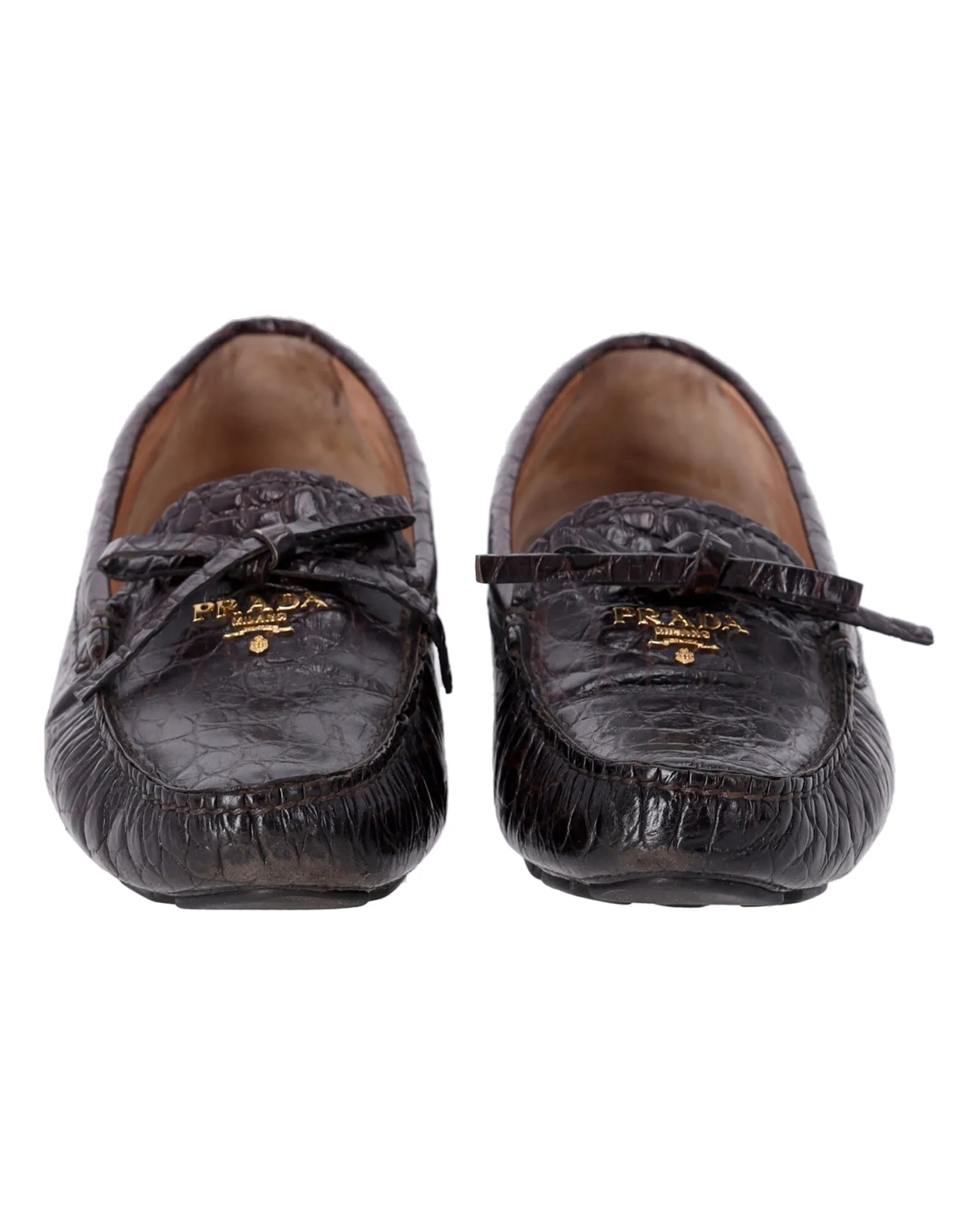 Prada Bow Loafers in Brown Croc-Embossed Leather