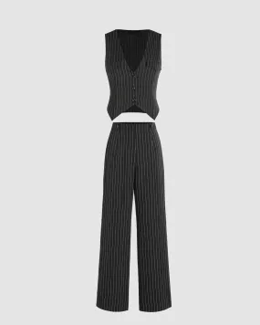 Set of Striped Front Button Blazer & Wide Leg Pants